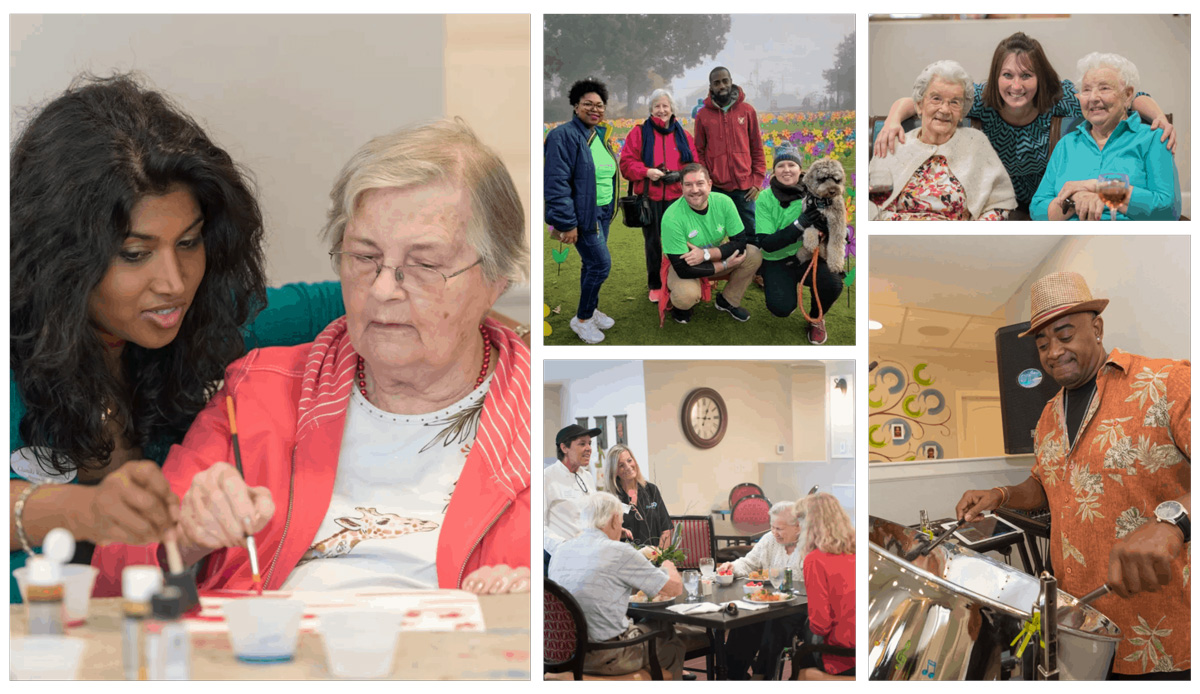 Collage of residents and staff doing arts and crafts, setting up for events, dining, playing steel drum and enjoying life